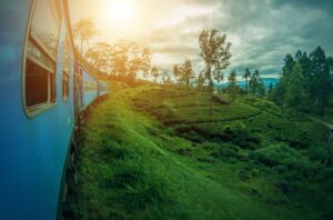 A train in Sri Lanka with a sunset